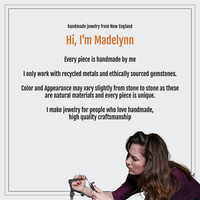 A woman working on jewelry is featured, with text stating: "Hi, I'm Madelynn. I create custom jewelry using recycled metals and ethically sourced gemstones from New England. Each piece is unique, whether it's a Custom Aquamarine and White Gold Ring or a 14k white gold pendant.