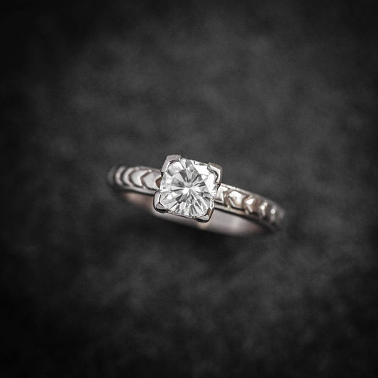 14k Palladium White Gold and Moissanite Four Prong Solitaire with Chevron Band - Madelynn Cassin Designs