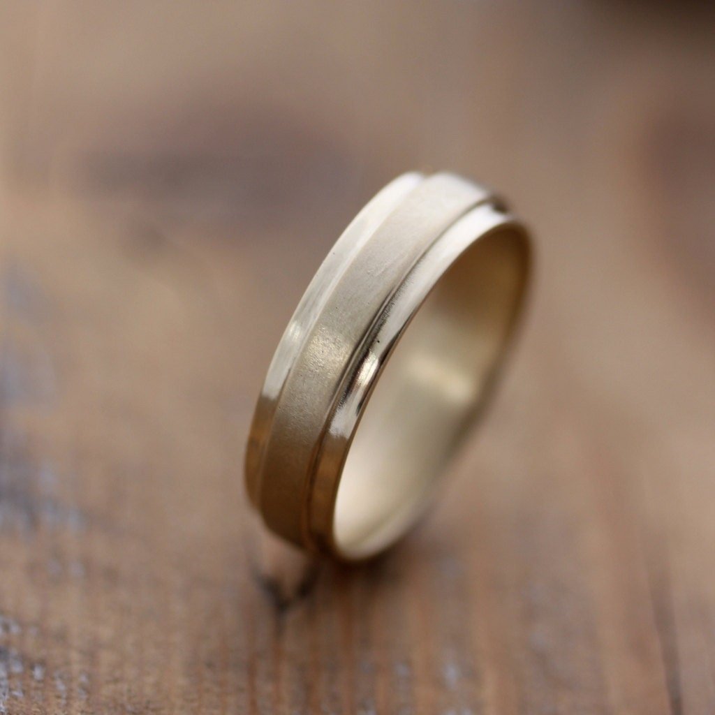 14k Yellow Gold Men's Wedding Band, Slate Band RIng in Solid Recycled Gold - Madelynn Cassin Designs