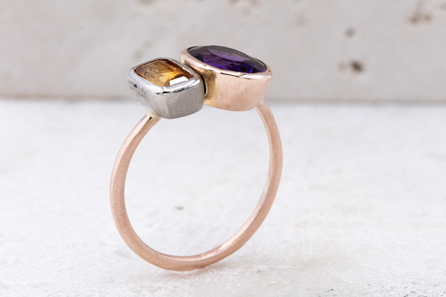 Handmade Asymmetrical Amethyst and Citrine Ring.