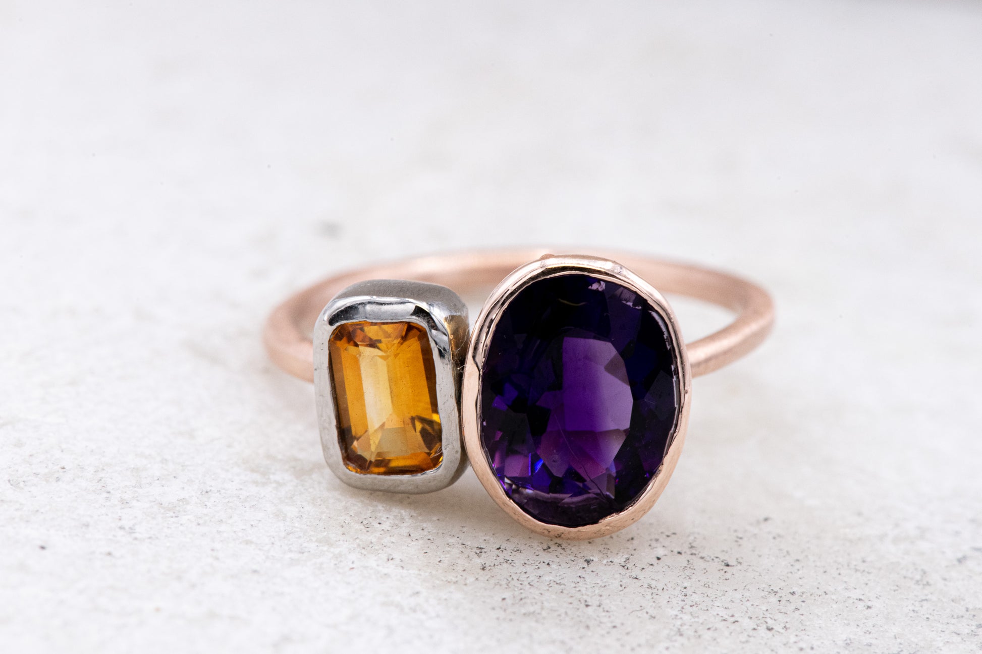 Asymmetrical Amethyst and Citrine Ring Handmade Mixed Metal Rose and White Gold Jewelry.