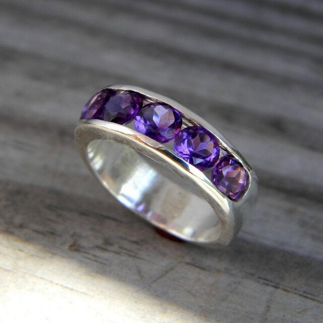 Amethyst Channel Ring Purple Multistone Band Ring, Wide Gemstone Band - Madelynn Cassin Designs