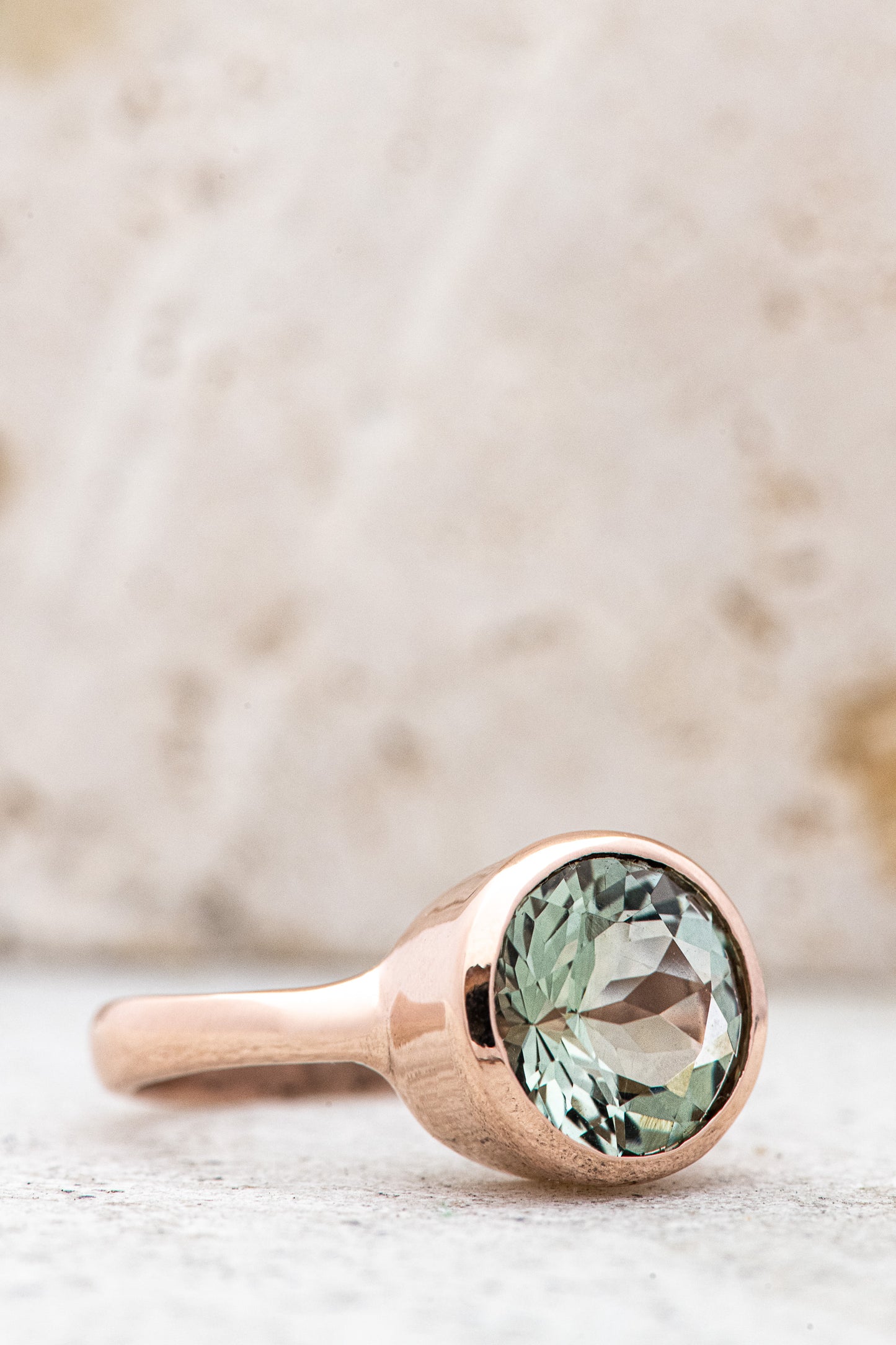 A Round Green Amethyst Ring, handmade in Rose Gold.