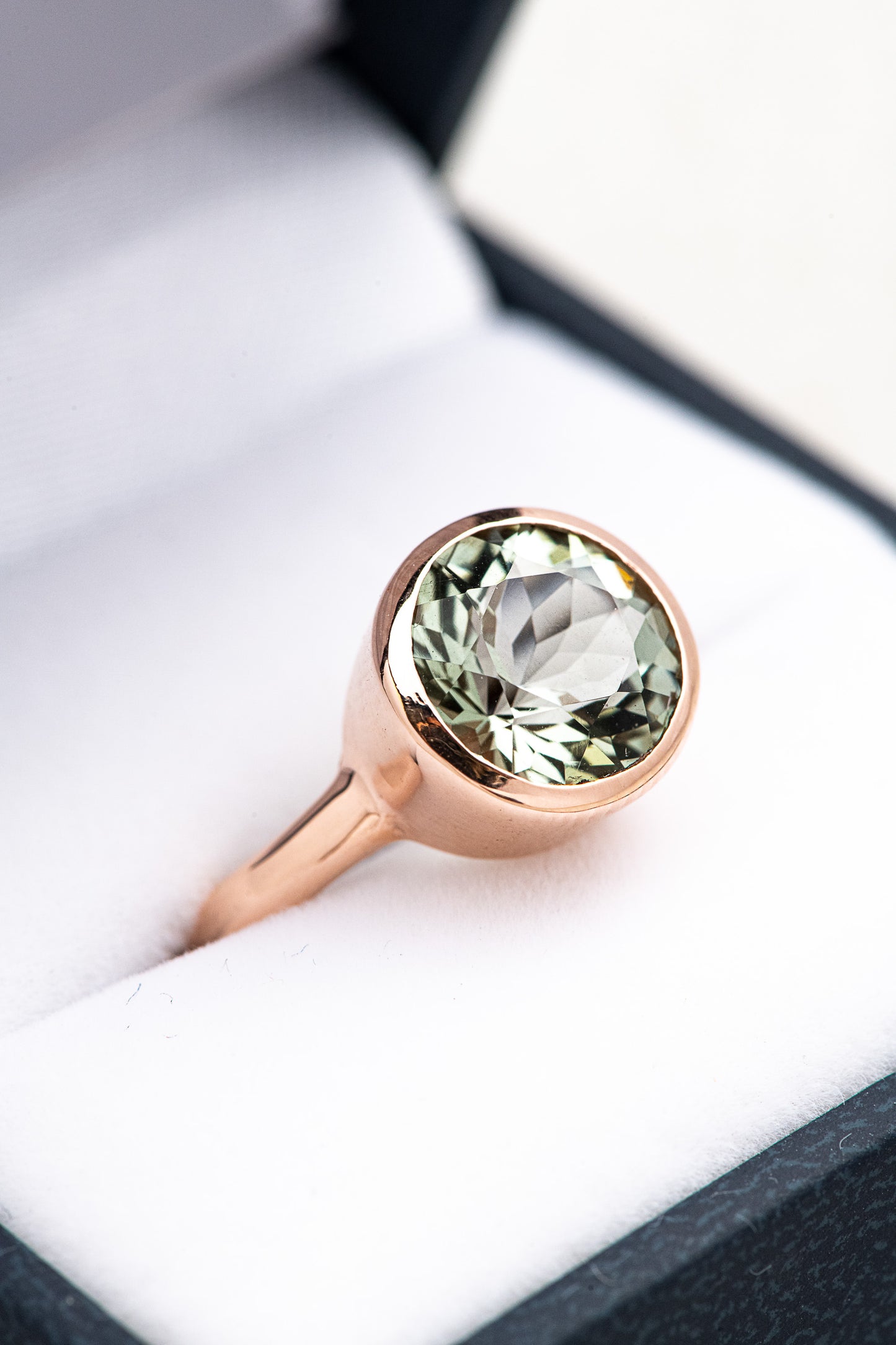 A Handmade Round Green Amethyst Ring, in Rose Gold.