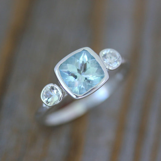 Aquamarine and White Sapphire Cushion Cut Gemstone Ring in Sterling Silver - Madelynn Cassin Designs
