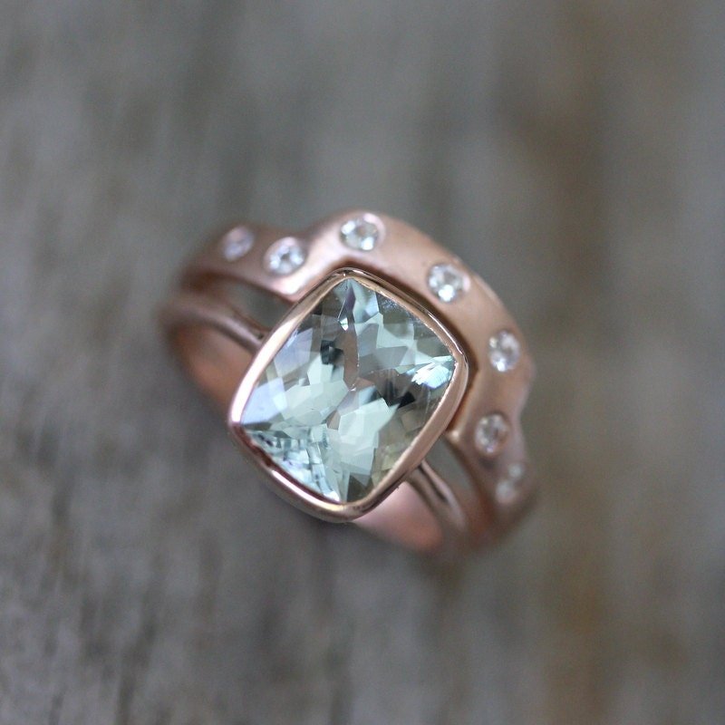 Aquamarine Rose Gold Engagement Ring Wedding Set - Madelynn Cassin Designs