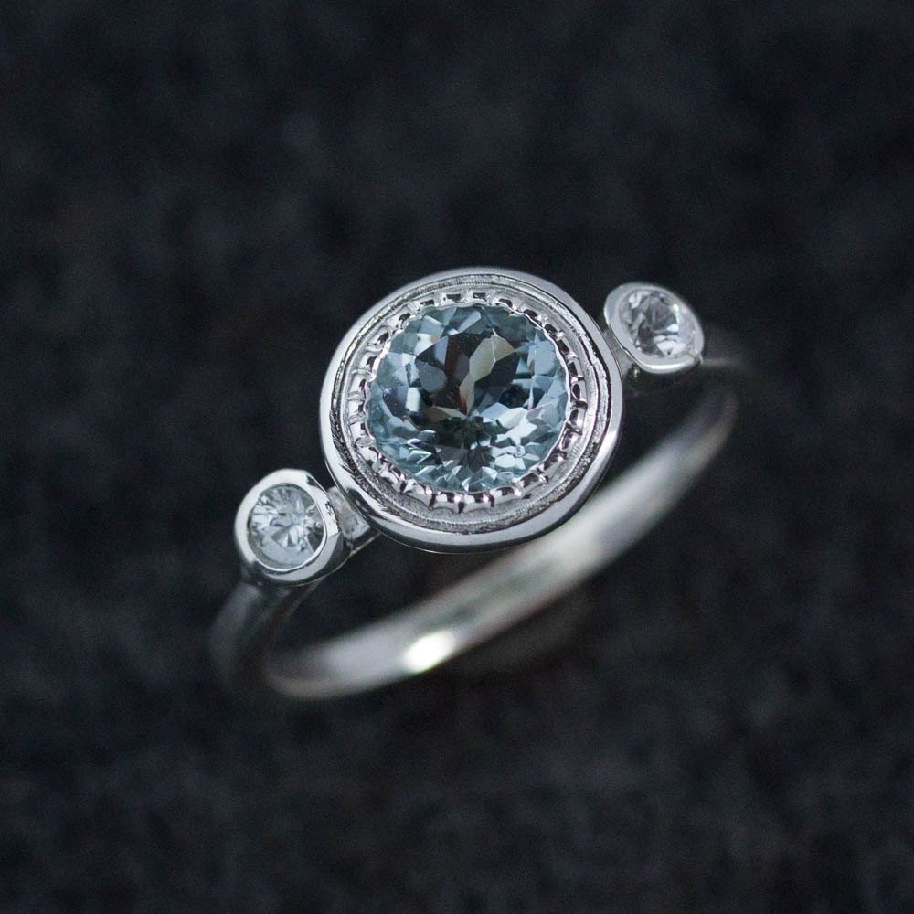Aquamarine Sterling Silver Ring with White Sapphire - Madelynn Cassin Designs