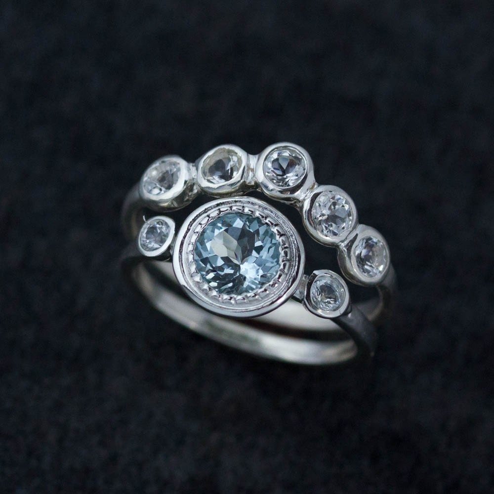 Aquamarine Sterling Silver Ring with White Sapphire - Madelynn Cassin Designs