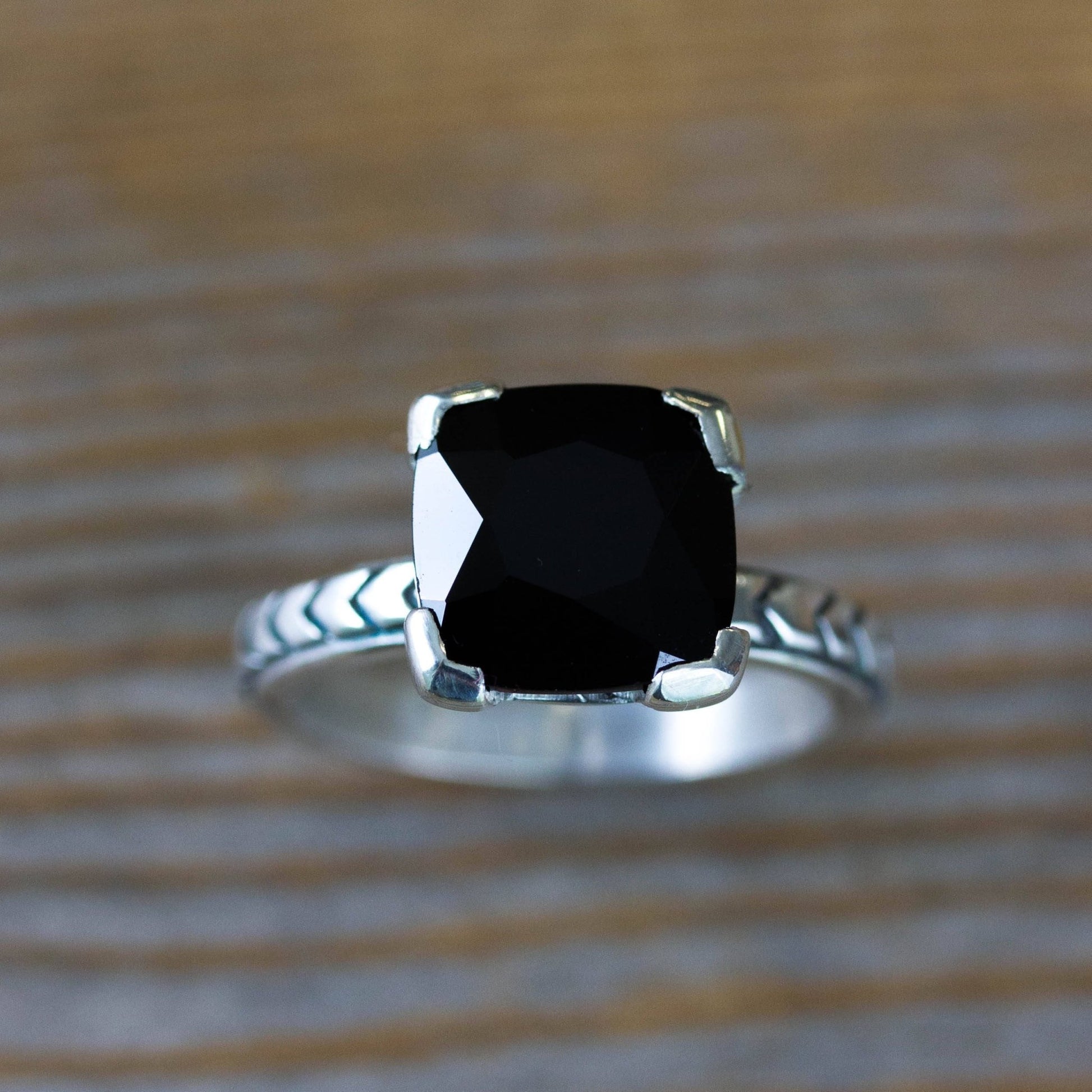 Art Deco Black Spinel Ring, Gothic Engagement Ring, Cushion Gemstone Ring in Oxidized Black Silver, Black Diamond Alternative - Madelynn Cassin Designs