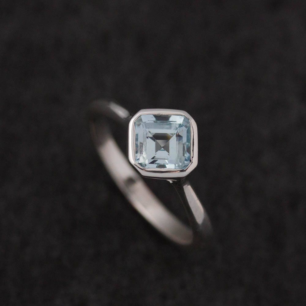 Asscher Cut Aquamarine and White Gold Ring - Madelynn Cassin Designs