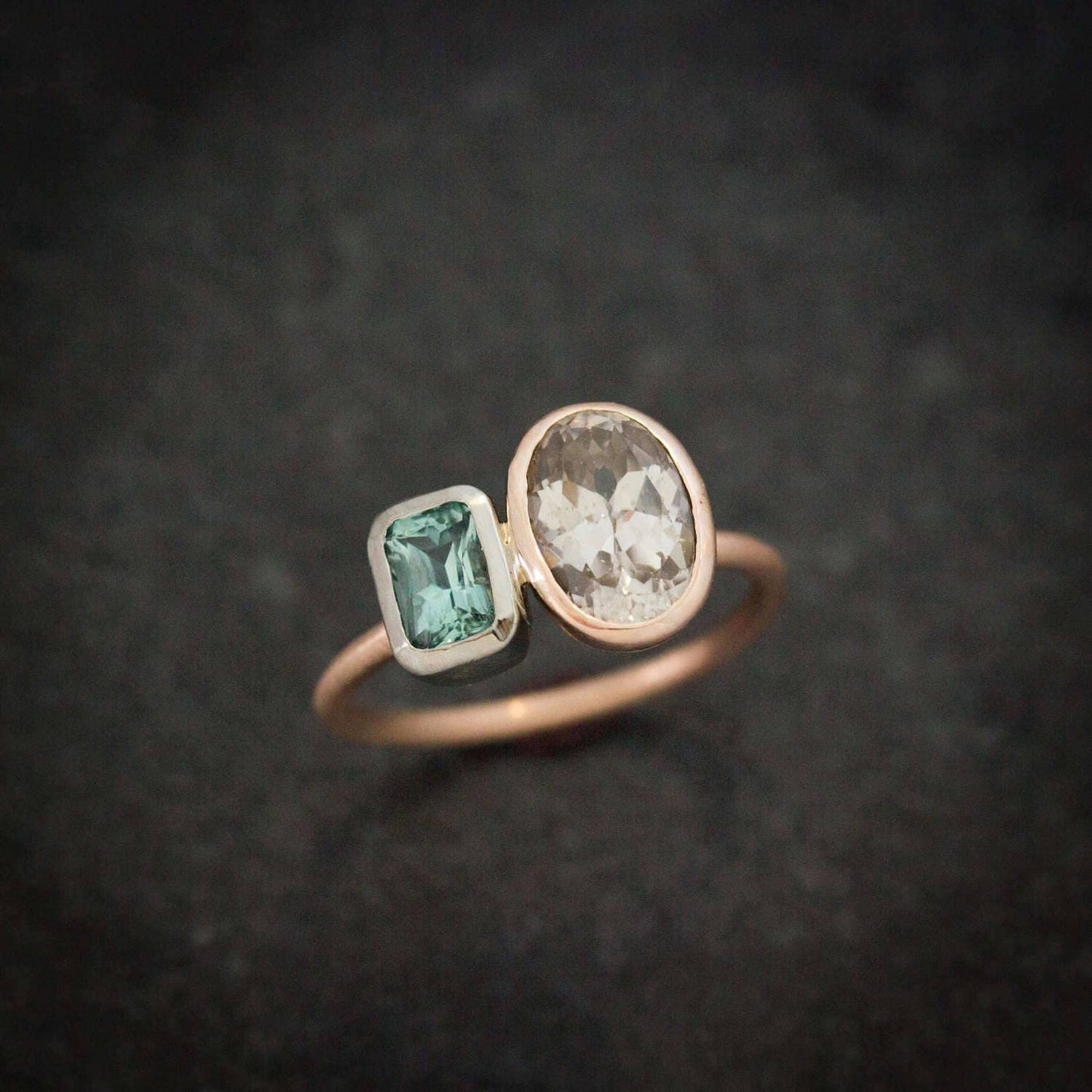 Asymmetrical Blue Tourmaline Ring with Natural Champagne Zircon Mixed Metal Rose and White Gold Ring - Madelynn Cassin Designs