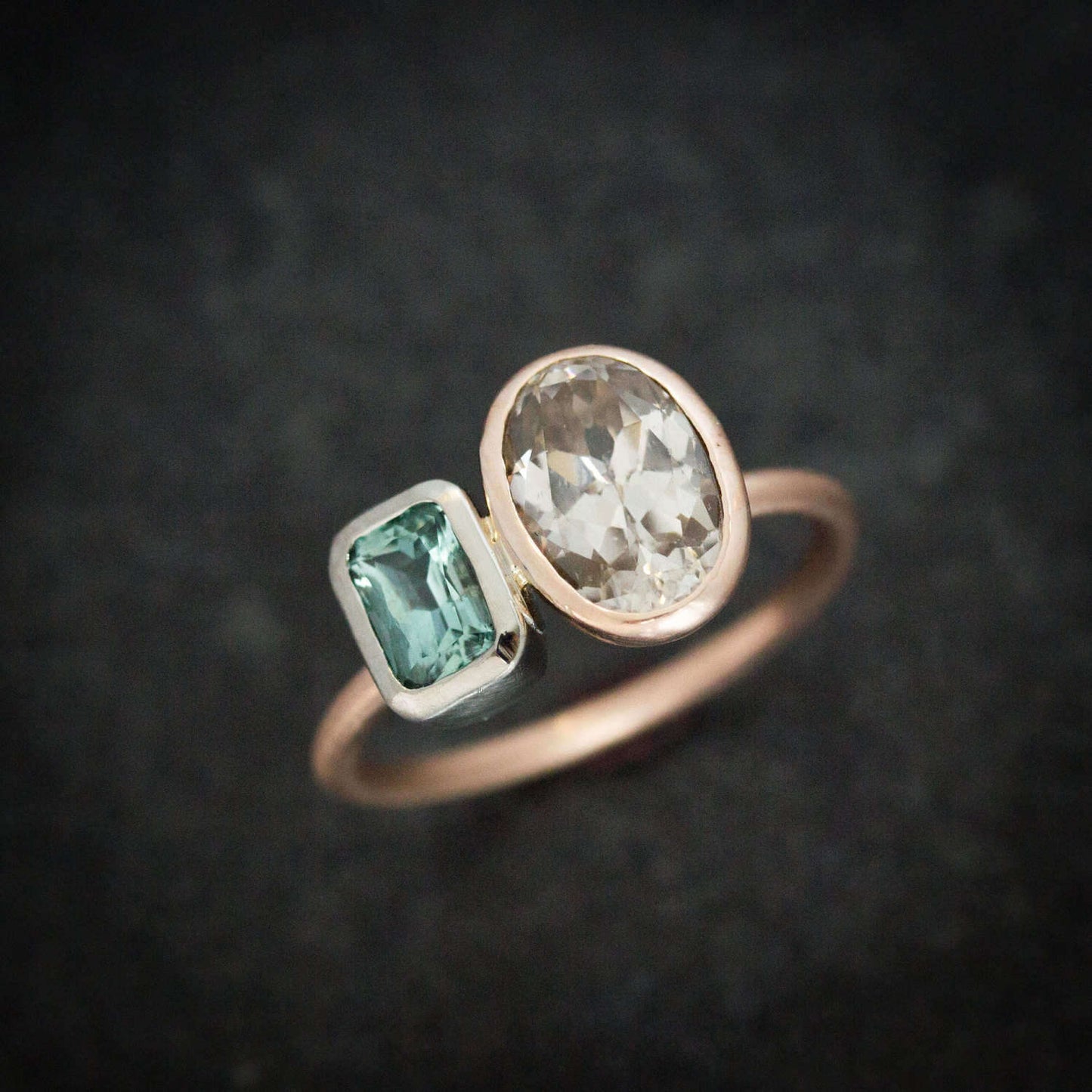 Asymmetrical Blue Tourmaline Ring with Natural Champagne Zircon Mixed Metal Rose and White Gold Ring - Madelynn Cassin Designs