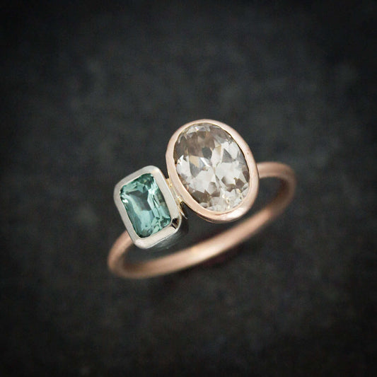 Asymmetrical Blue Tourmaline Ring with Natural Champagne Zircon Mixed Metal Rose and White Gold Ring - Madelynn Cassin Designs