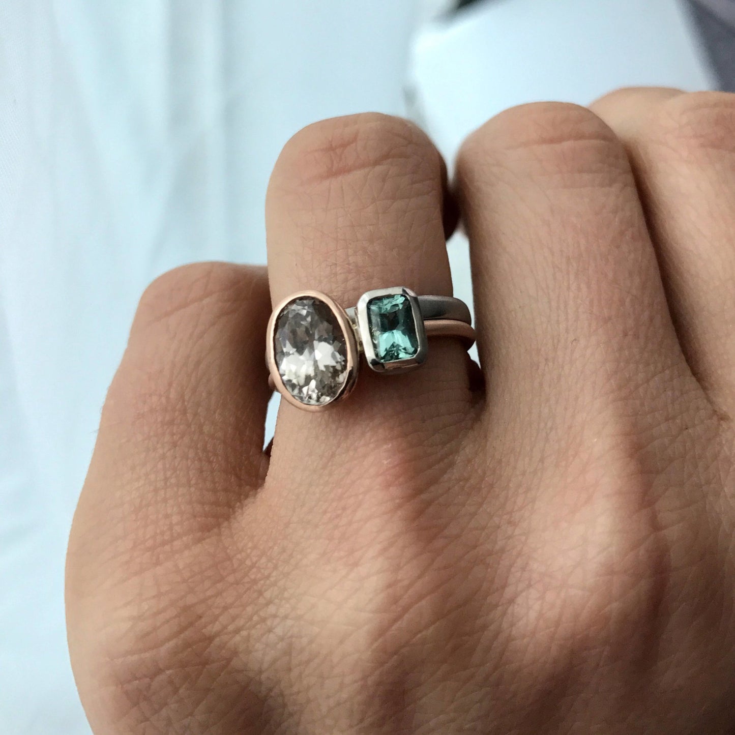 Asymmetrical Blue Tourmaline Ring with Natural Champagne Zircon Mixed Metal Rose and White Gold Ring - Madelynn Cassin Designs