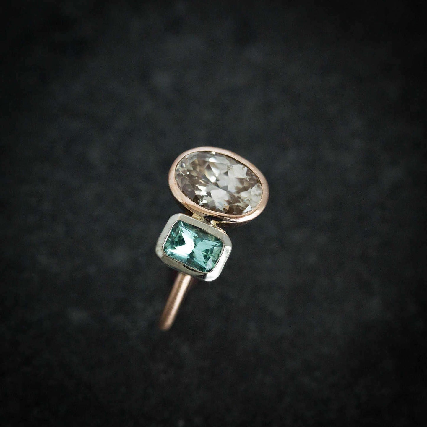 Asymmetrical Blue Tourmaline Ring with Natural Champagne Zircon Mixed Metal Rose and White Gold Ring - Madelynn Cassin Designs