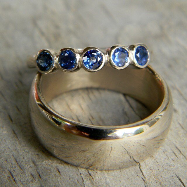 Blue Sapphire Five Stone Ring in 14k PD White Gold - Madelynn Cassin Designs