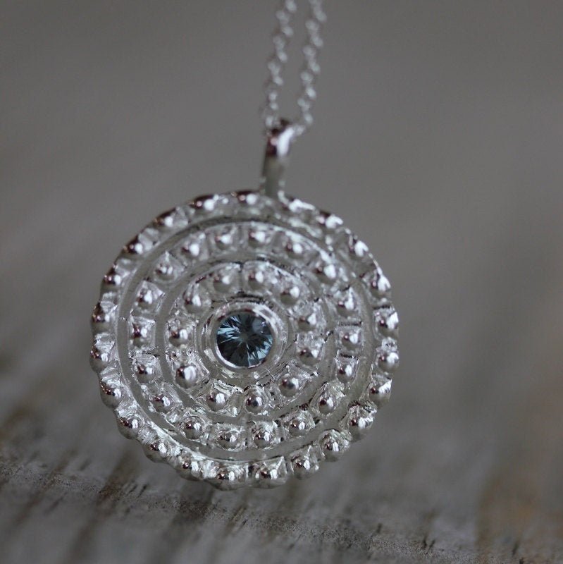 Blue Spinel Necklace in Recycled Sterling Silver, Sundial Pendant - Madelynn Cassin Designs