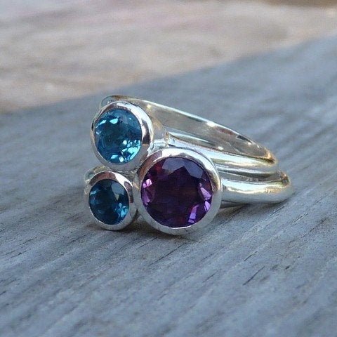 Blue Topaz Ring Set with Amethyst Stacking Ring in Polished Silver Bands - Madelynn Cassin Designs