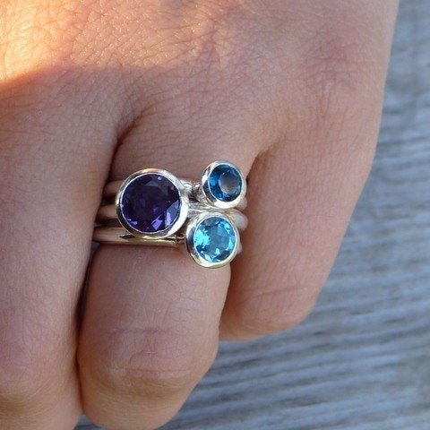 Blue Topaz Ring Set with Amethyst Stacking Ring in Polished Silver Bands - Madelynn Cassin Designs