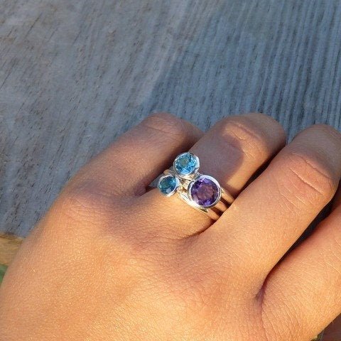 Blue Topaz Ring Set with Amethyst Stacking Ring in Polished Silver Bands - Madelynn Cassin Designs