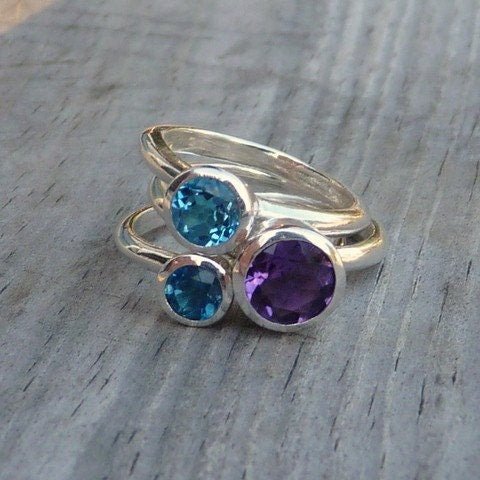Blue Topaz Ring Set with Amethyst Stacking Ring in Polished Silver Bands - Madelynn Cassin Designs