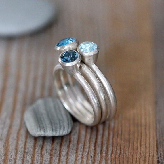 Blue Topaz Ring Trio Gemstone Solitaire Rings - Madelynn Cassin Designs