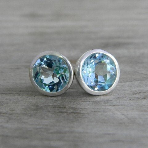 Blue Topaz Stud Earrings in Silver Bezel Posts - Madelynn Cassin Designs