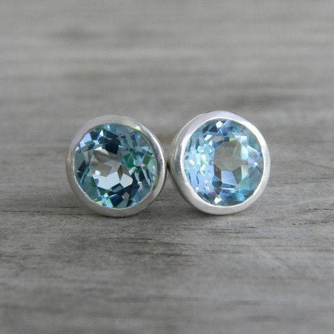 Blue Topaz Stud  Earrings in Silver Bezel Posts
