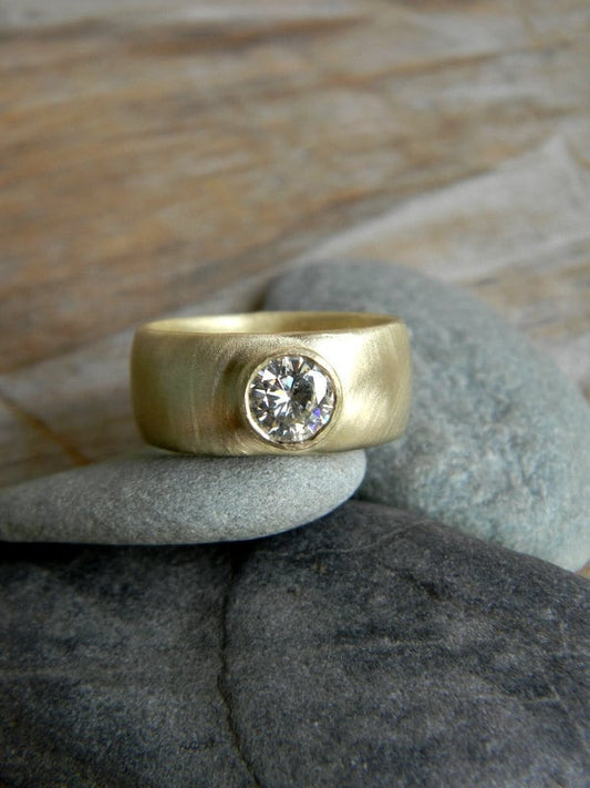 Chunky Gold Engagement Ring, Round Moissanite Wide Band Ring, Thick Band Engagement Ring - Madelynn Cassin Designs