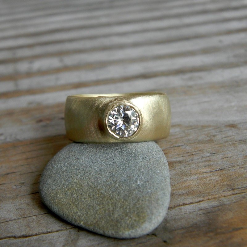 Chunky Gold Engagement Ring, Round Moissanite Wide Band Ring, Thick Band Engagement Ring - Madelynn Cassin Designs