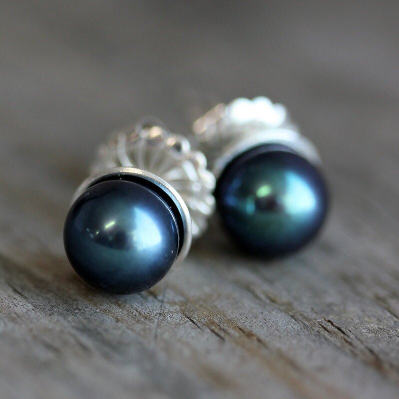 Classic Handmade Pearl Studs, Peacock Pearl 8mm Post Earrings, Freshwater Cultured Pearls - Madelynn Cassin Designs