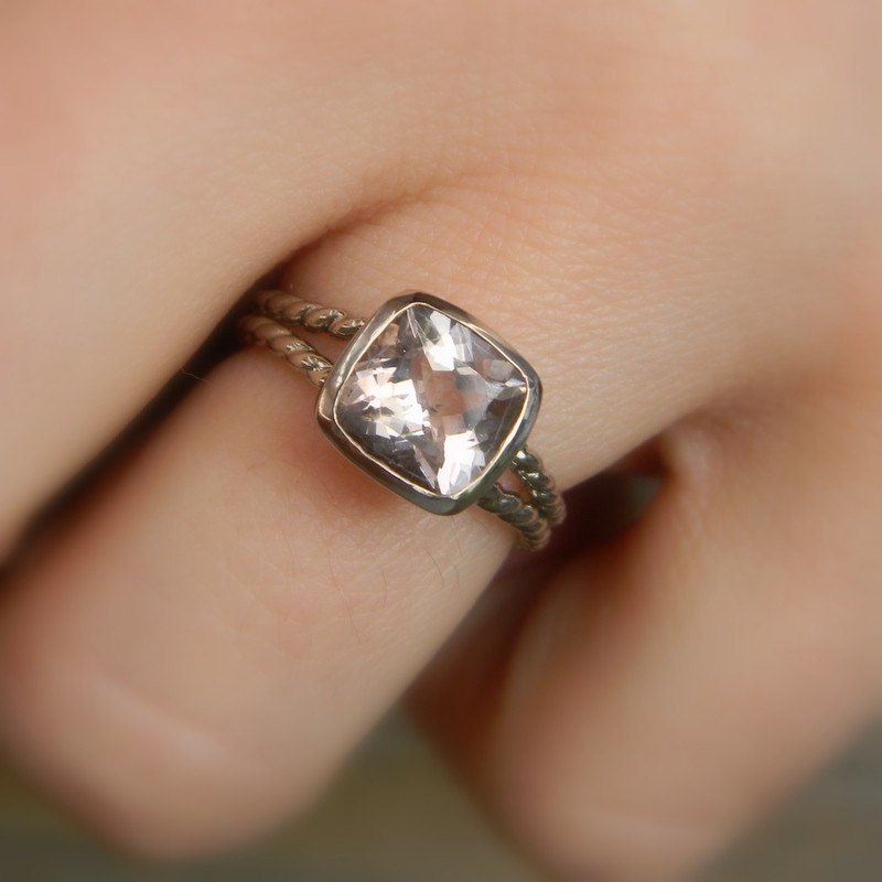 Cushion Morganite Ring in Handmade Palladium 14k White Gold - Madelynn Cassin Designs