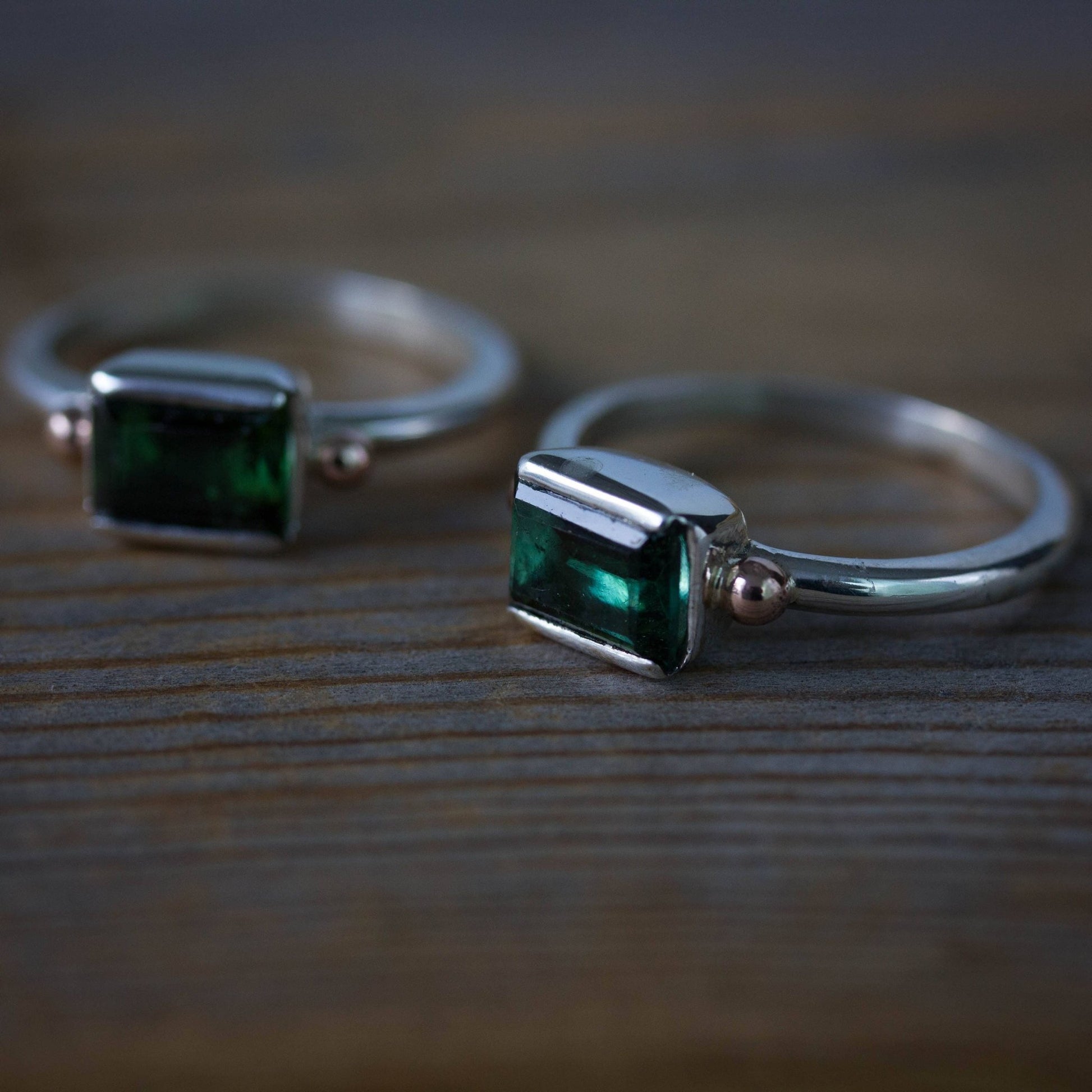 Emerald Cut Green Tourmaline Gemstone in Recycled Silver and Rose Gold Ring, Personalized October Birthstone - Madelynn Cassin Designs