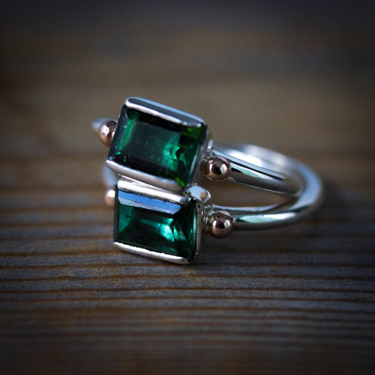 Emerald Cut Green Tourmaline Gemstone in Recycled Silver and Rose Gold Ring, Personalized October Birthstone - Madelynn Cassin Designs