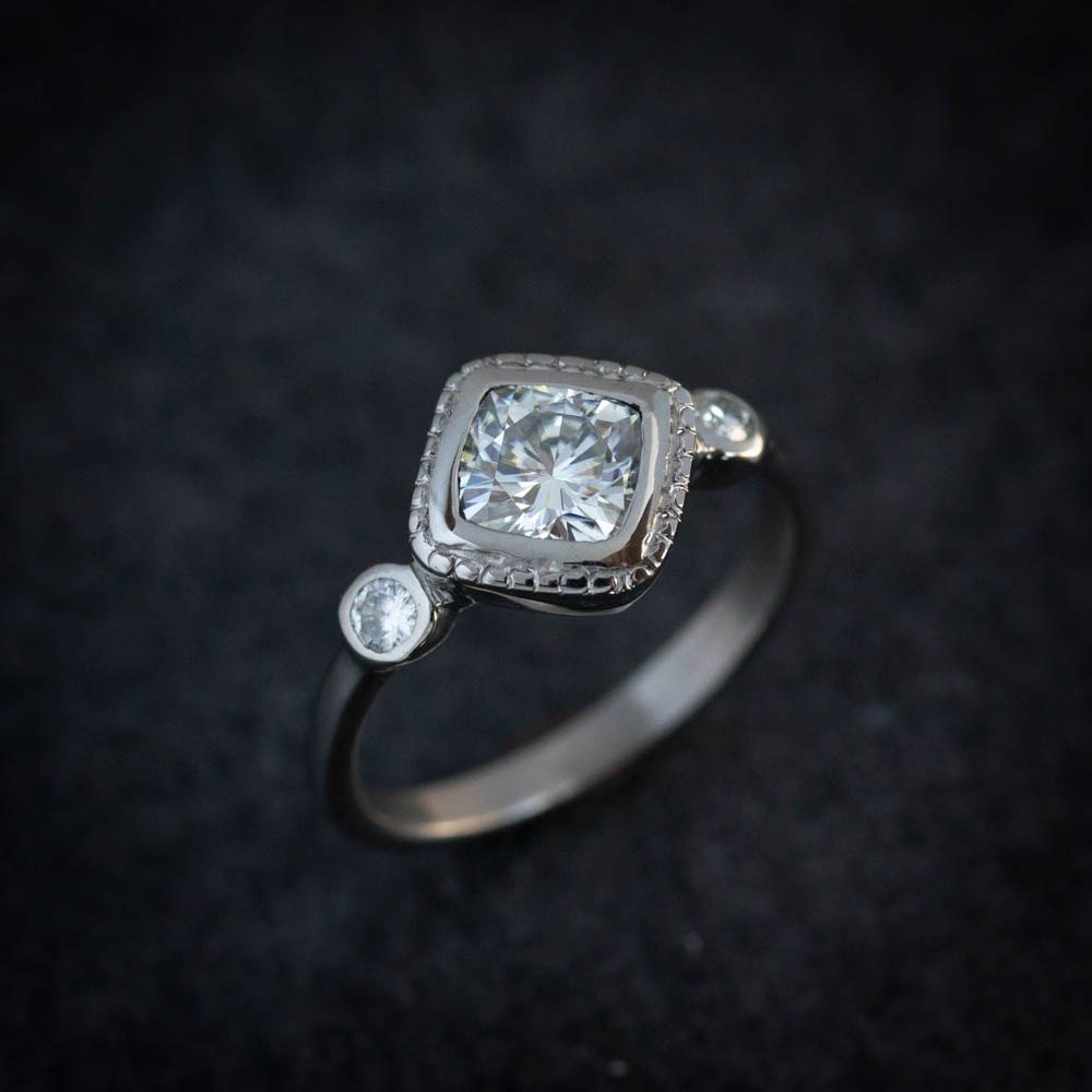 Forever One Three Stone Moissanite Engagement Ring - Madelynn Cassin Designs