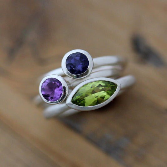 Gemstone Stacking Ring Set with Peridot, London Blue Topaz and Iolite - Madelynn Cassin Designs