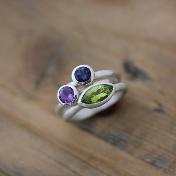 Gemstone Stacking Ring Set with Peridot, London Blue Topaz and Iolite - Madelynn Cassin Designs