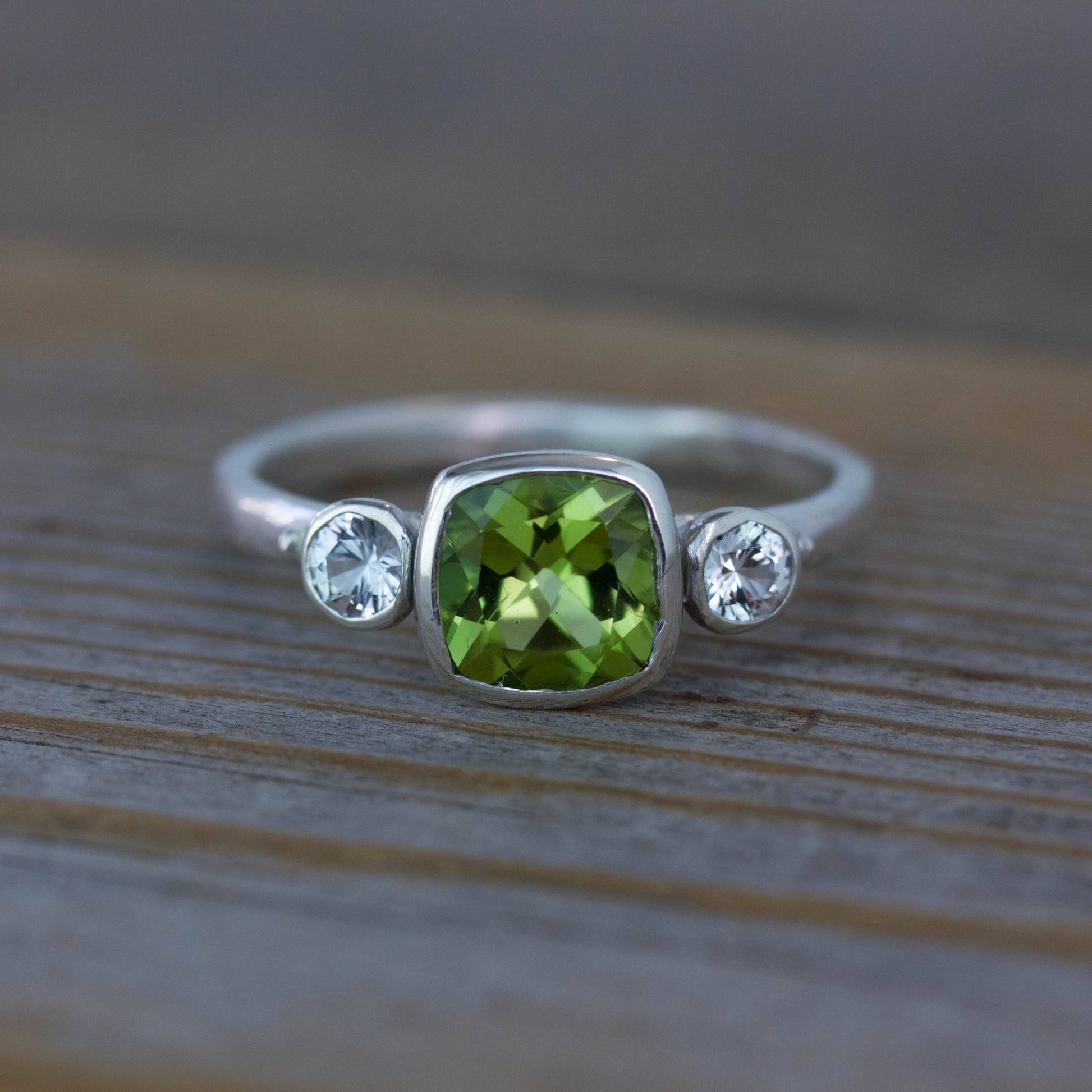 Green Peridot and White Sapphire Three Stone Ring - Madelynn Cassin Designs