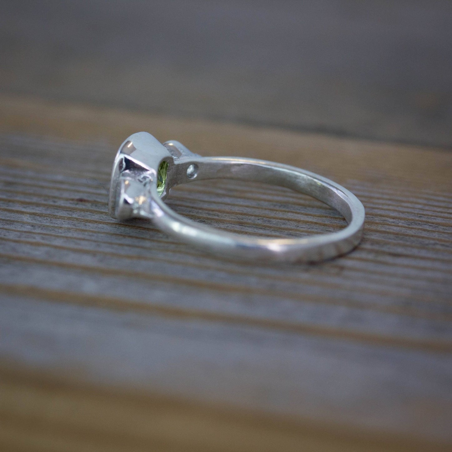 Green Peridot and White Sapphire Three Stone Ring - Madelynn Cassin Designs