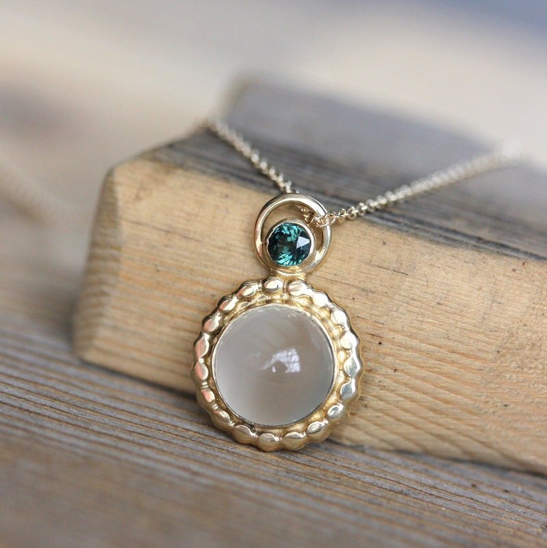 Green Sapphire, White Moonstone and 14k gold Necklace - Madelynn Cassin Designs