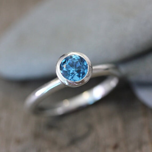 Handmade Swiss Blue Topaz Solitaire Gemstone Ring in Recycled Sterling Silver, perfect as a solitaire or stacking ring by Cassin Jewelry.