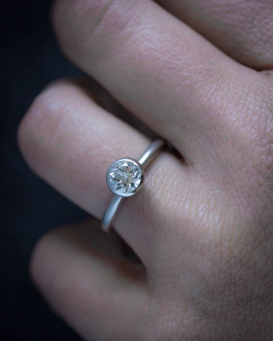 A woman's hand with a Simple Engagement Ring from Cassin Jewelry.