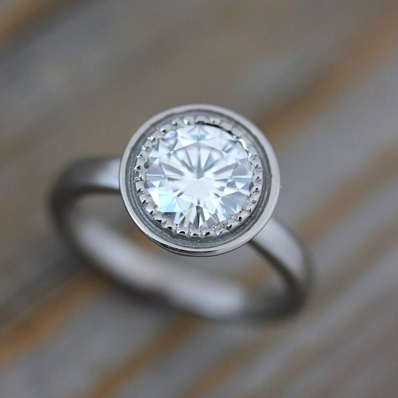 A handmade white gold Round Forever One Moissanite engagement ring.