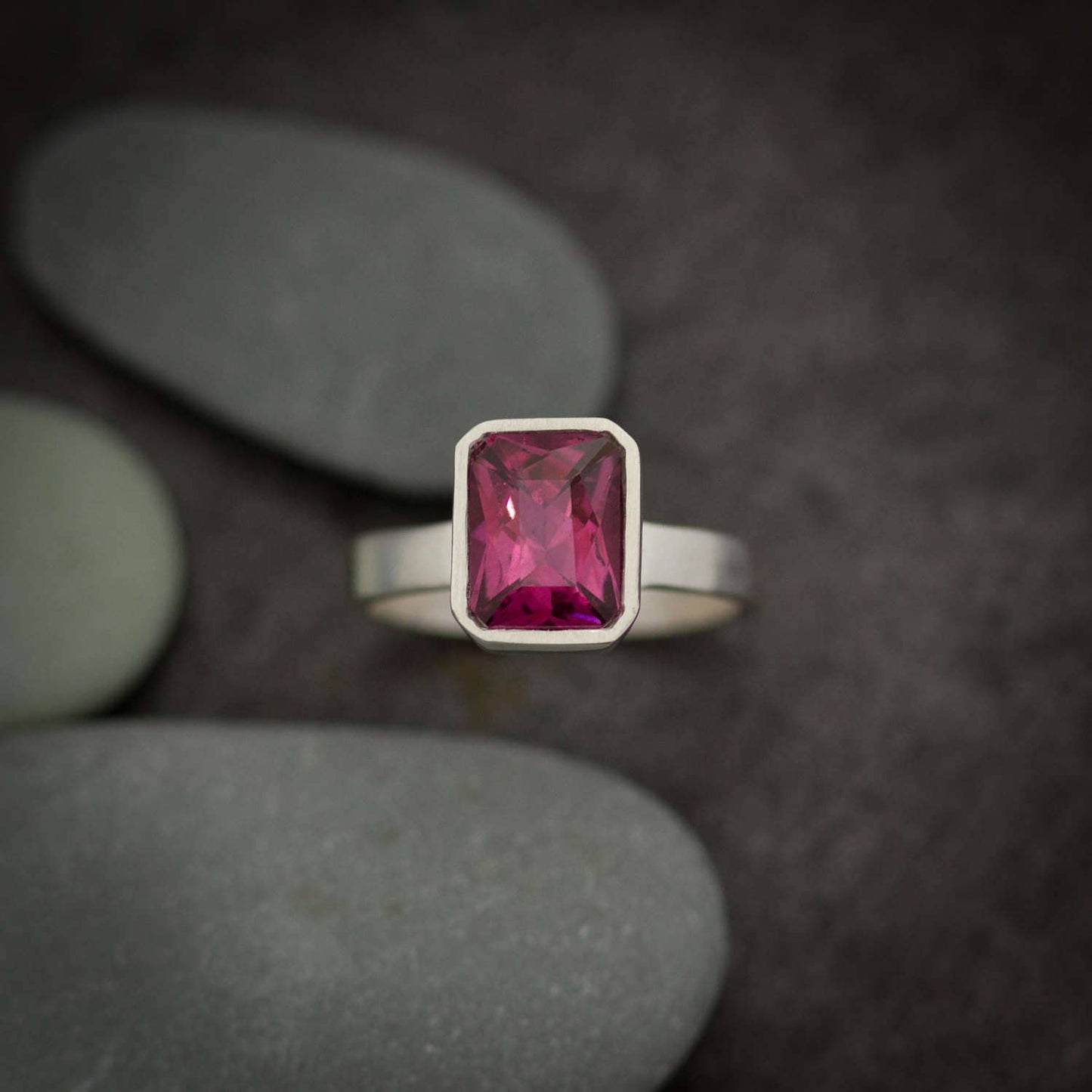 Pink Garnet Ring, Radiant Bezel Solitaire Gemstone Ring in Argentium Silver,  Rhodolite Garnet  Bezel Set Wide Band Ring