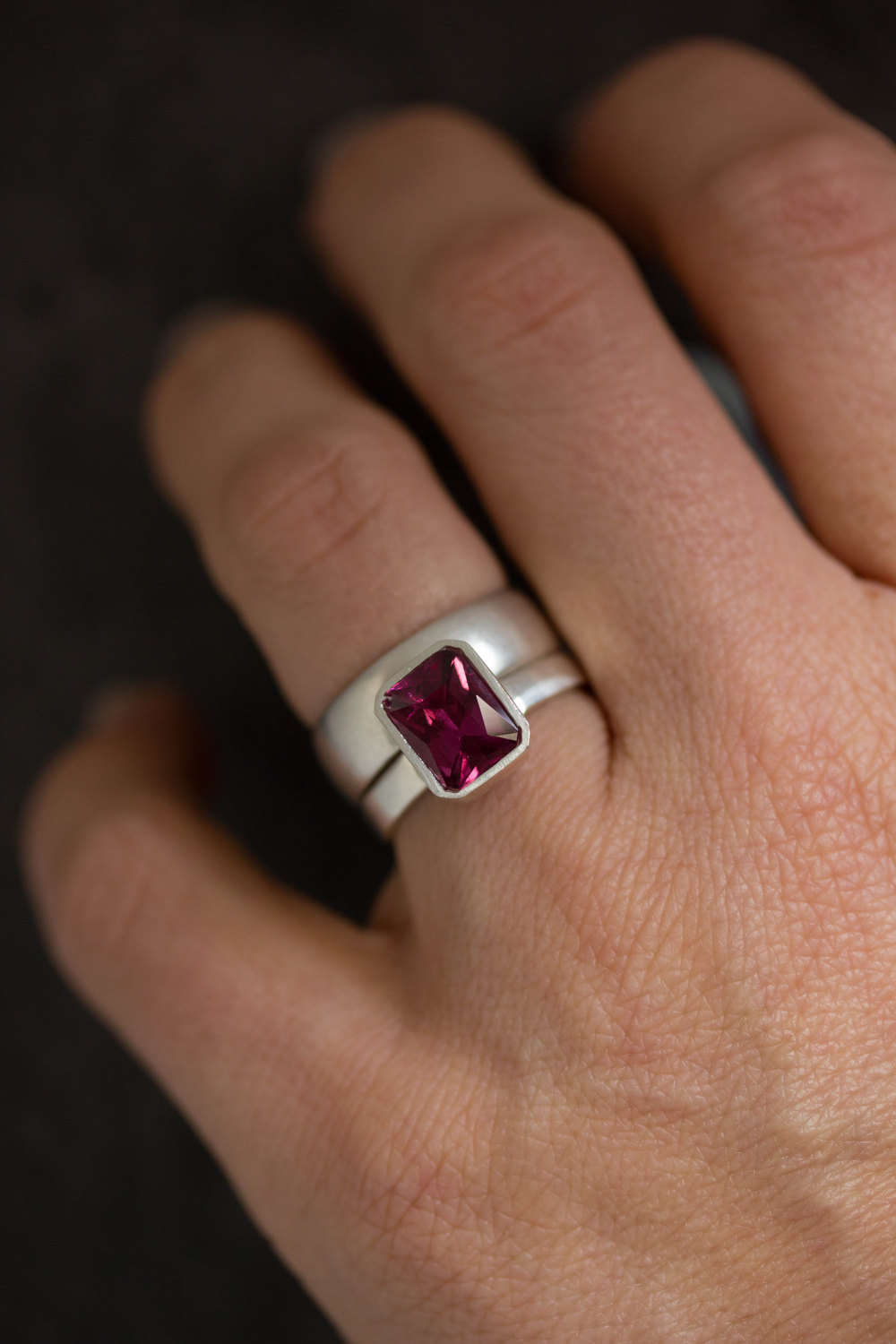 Pink Garnet Ring, Radiant Bezel Solitaire Gemstone Ring in Argentium Silver,  Rhodolite Garnet  Bezel Set Wide Band Ring