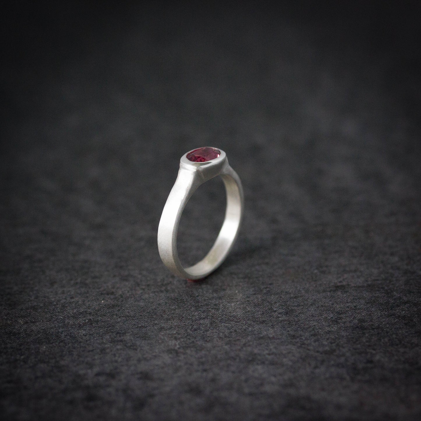 A handmade Pink Tourmaline Wide Band Ring, Brushed Silver With Low Profile, Size 7 Oval Gemstone Solitaire and October Birthstone.