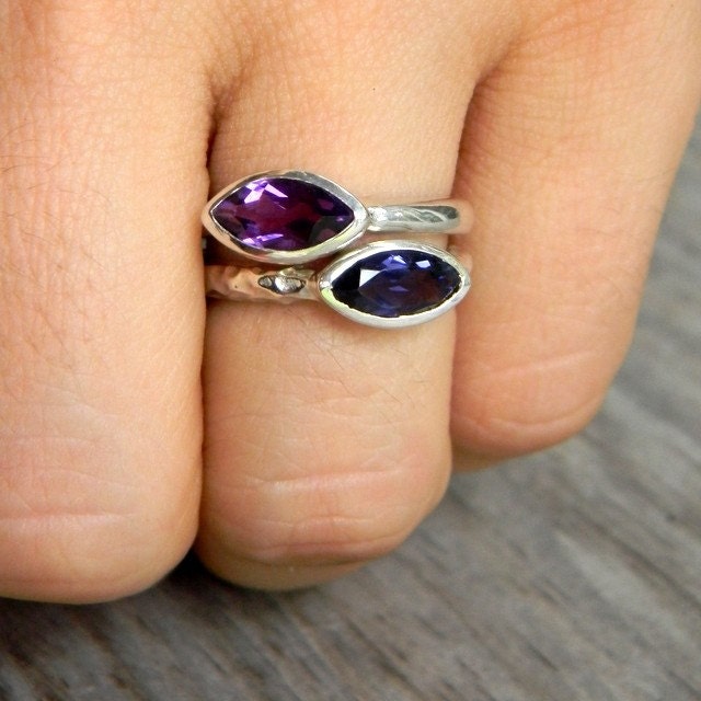 Iolite Slice Ring in Hammered Argentium Silver with purple amethyst, handmade jewelry.