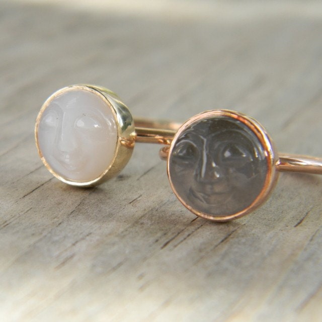 A White Moonstone Face Ring in Recycled 14k Yellow Gold with a moon face and handmade jewelry.
