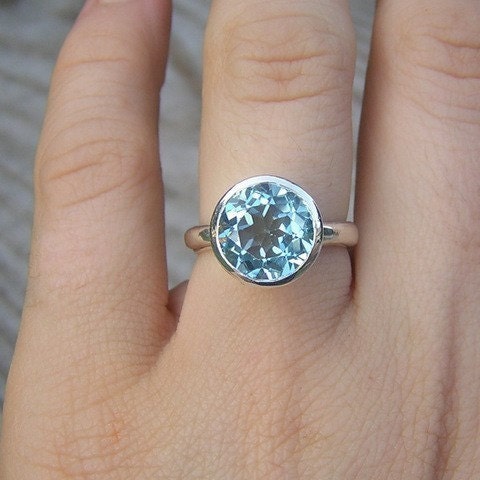 A woman's hand holding a handmade Sky Blue Topaz Birthstone Ring.