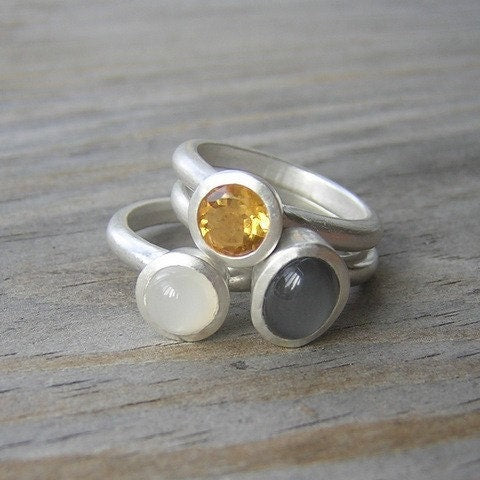 Handmade jewelry: Three Moonstone Stacking Ring Sets with yellow and white stones.